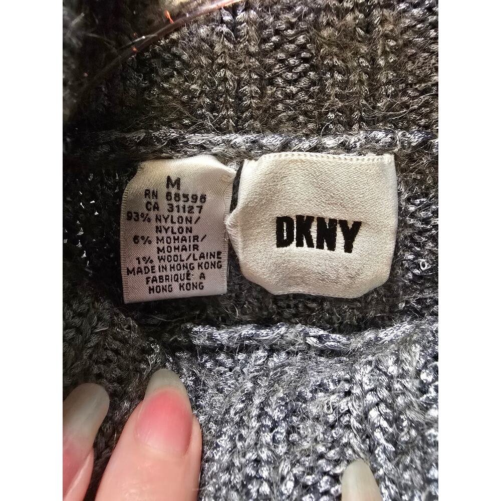 DKNY silver knit mohair blend metallic chunky ribbed turtleneck sweater medium - Picture 2 of 10